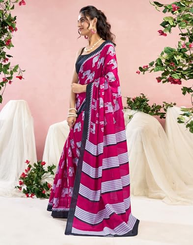 Image of SIRIL Women's Printed Cotton Saree with Unstitched Blouse Piece