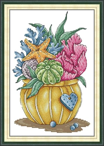 Image of CaptainCrafts Cross Stitch Kits for Adults Counted Cross Stitch Unprinted Fabrics Needlework Craft Home Decor (Counted 14CT, Flower of The Ocean)