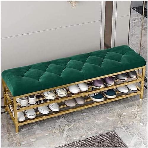Image of Metal Shoe Rack Bench Organizer with Mesh Seat for Bedroom Entry Window Mudroom Living Room, 2-Tier Fleece Bench Bench for Entryway (Green Gold)
