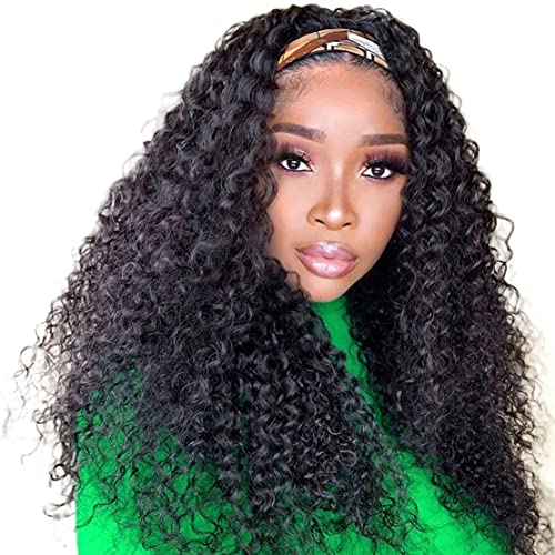 Image of Headband Wig Human Hair Deep Wave Wigs 24 inch Brazilian Human Hair Headband Wigs for Black Women Glueless Non Lace Front Wig Machine Made Curly Deep Wave Headband Wig 150% Density Natural Color