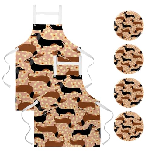 Lot de 2 tabliers de cuisine motif chien et fleurs avec 4 broches