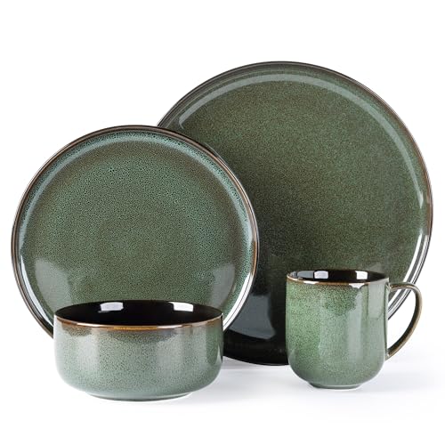 Image of LERATIO Ceramic Dinnerware Sets for 4,16-PieceReactive Glaze Plates and Bowls Set with Mugs,Highly Chip and Crack Resistant | Dishwasher,Microwave & Oven Safe Dishes set-Green