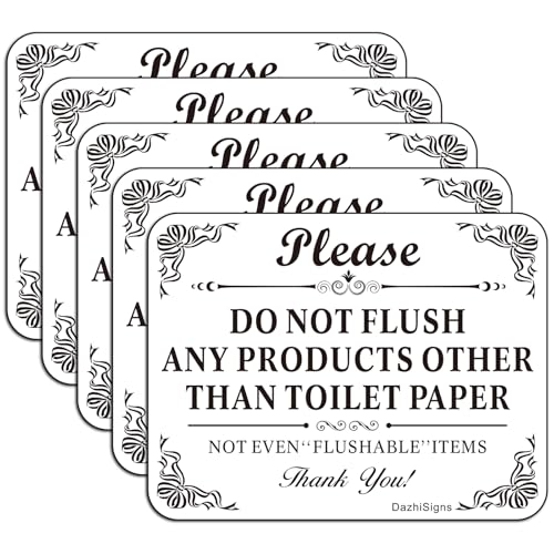 5 Pack Do Not Flush Any Products Other Than Toilet Paper Sign, 5