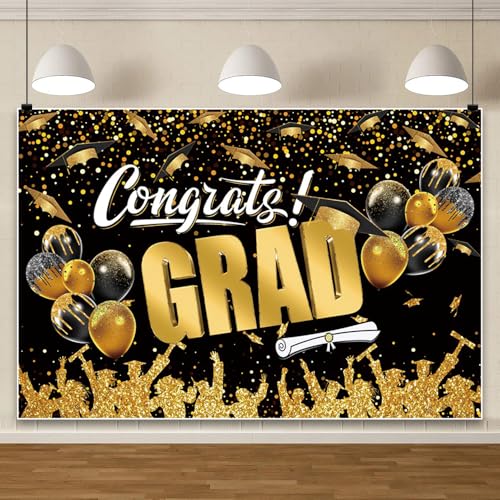 DASHAN 7x5ft Congrats Grad Class of 2026 Backdrop Black Gold Graduation Backdrop for Photography Graduation Banner Party Decorations with Balloons Background Cake Table Decor Photo Booth Props - image 5