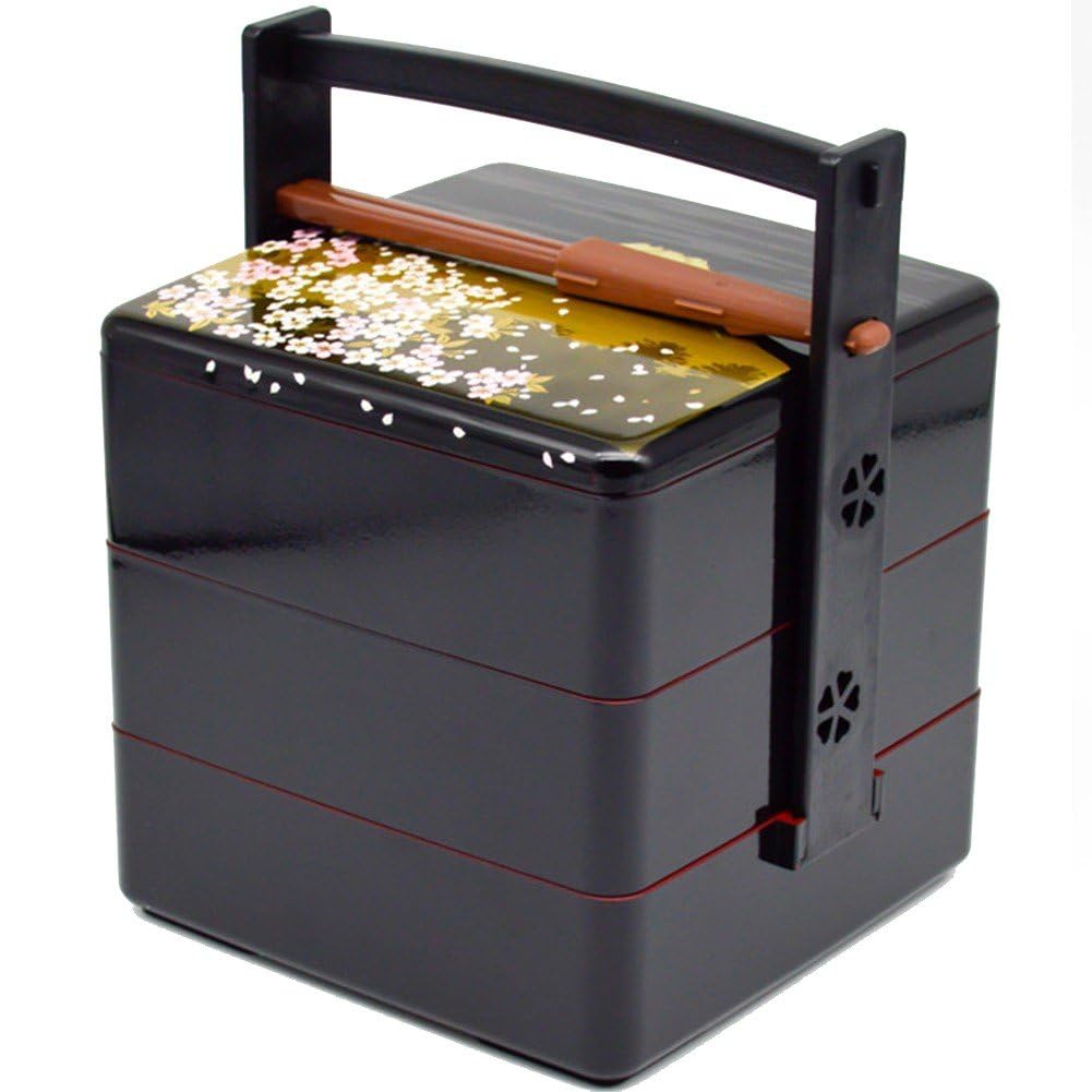 Fituenly Black Three Layers Japanese Sushi Box Traditional Picnic Packages Bento Box Lunch Container Box Snack Candy Bento Box