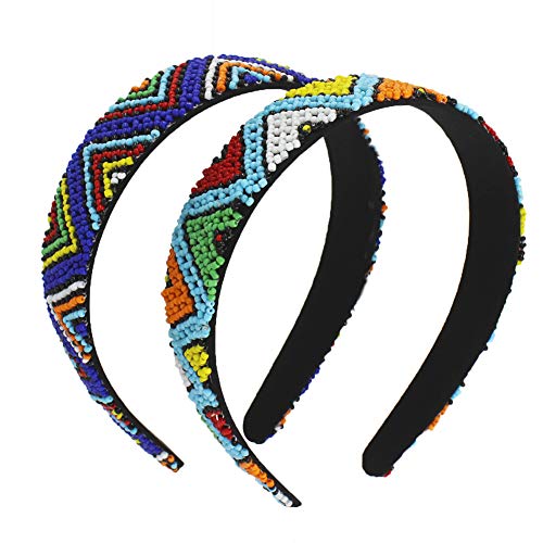 Bohemia Ethnic Beaded Headband for Women - Fashionable Handmade Hair Hoops with Multicolors - Thick Seed Bead Hair Band for Girls - Native American Hard Headband … (Dark + Light Blue)