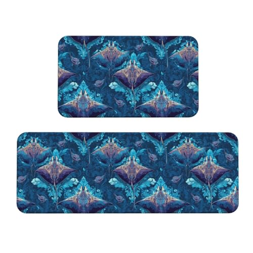 GVYGVY Antifatigue Kitchen Mats for Floor 2 Piece - Retro Blue Manta Ray Print Kitchen Rugs Washable, Non Slip Runner Rug Standing Mat for Office/Bathroom/Laundry/Home Decor and Accessories