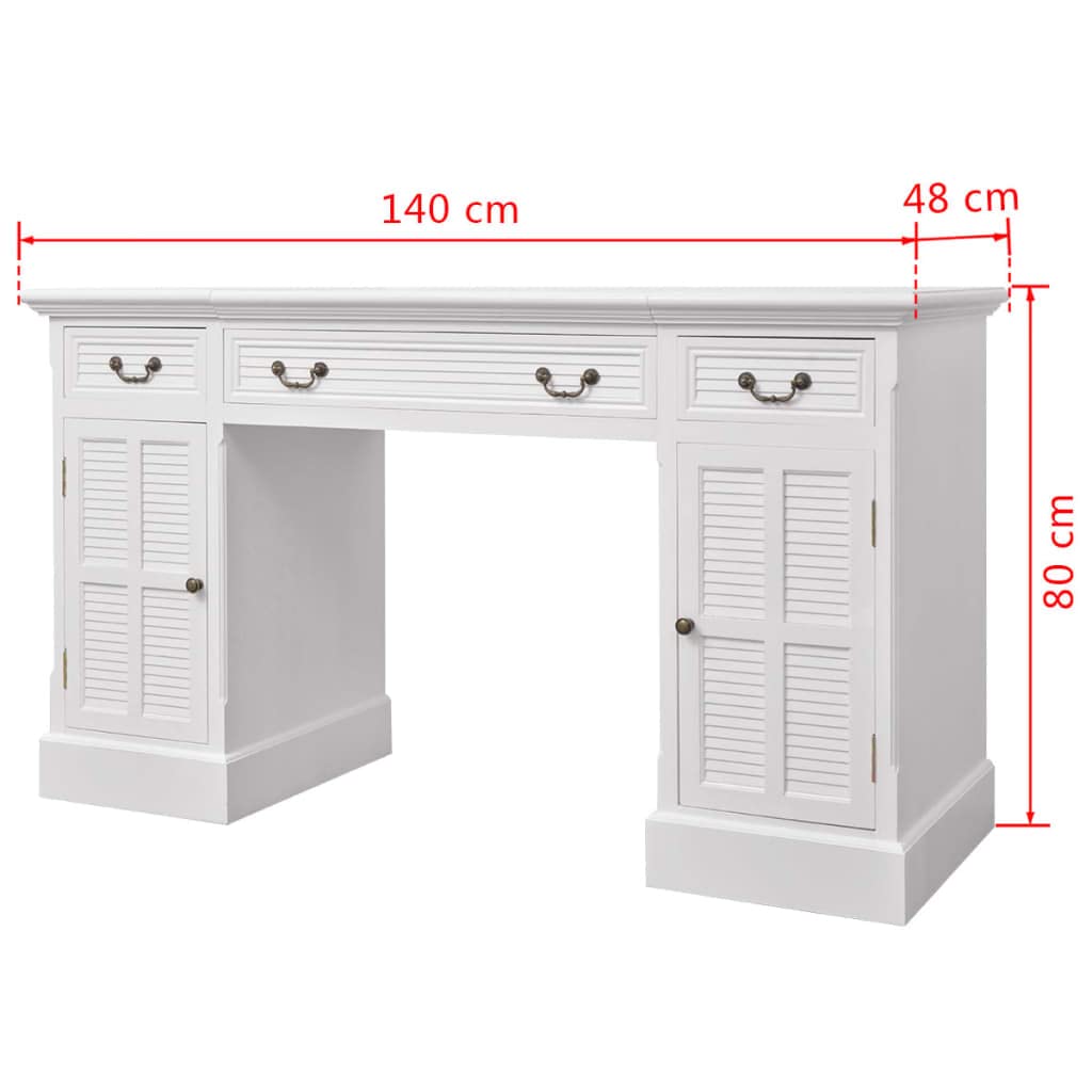 Biurko sekretarzyk biały z płyty MDF i drewna sosnowego, 140 x 48 x 80 cm, z 3 szufladami i 2 półkami, zajmuje mało miejsca, do biura, gabinetu, ergonomicznego i wszechstronnego