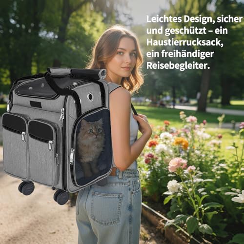 OUUTMEE Haustiertragetasche, Tragetasche mit Rollen, Katzentragetasche mit Rollen, für Katzen und kleine Hunde, 4-Wege-Handtasche, multifunktionaler Rucksack, atmungsaktiv Grau