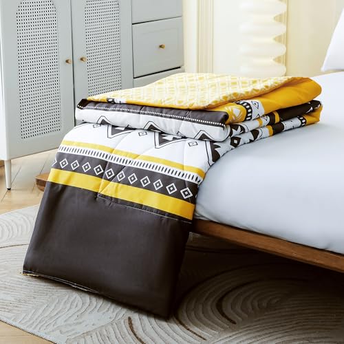 Image of Ac Comforter Single Bed Boho with Satin Finish 240 GSM - Reversible AC Comforter -Black & Yellow, Aztec Comforter Quilt Duvet Dohar Blanket for Mild Summer 150 X 225 cm
