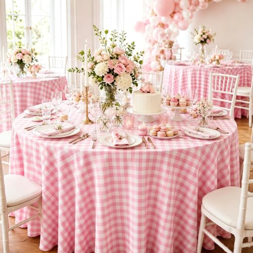 Image of WNINK 2 Pack Pink Gingham Round Tablecloth, 84 Inch Disposable Plastic Table Covers, Pink Checkered Round Table Cover for Birthday Parties, Holiday, Picnic, BBQ, Family Gathering Party Supplies