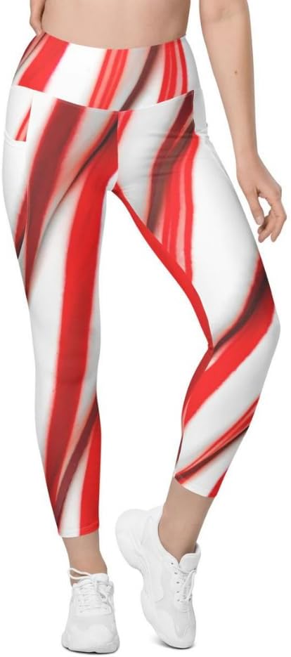 FIERCEPULSE 3D Candy Cane Christmas Leggings with Pockets – High-Waisted Holiday Print Leggings for Women