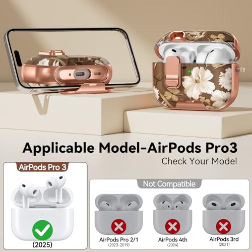 Image of for AirPod Pro 3 Case 2025, with Safty Lock & Phone Stand for Floral AirPod Pro 3 Generation Case Cover for Women Girly, iPod Pro 3 Cases with Keychain & Cleaner Kit -Brown +White Flower
