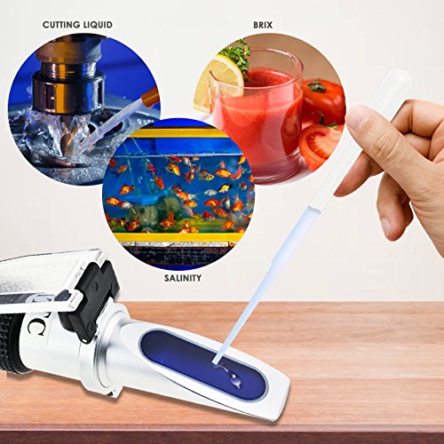 Tri-Skala Refraktometer ATC Brix 0-10% / Salzgehalt 0-100PPT / Spezifisches Gewicht 1.000-1.070, für Salzwasser Brackwasser Marine Reef Tank Salz Meerwasser Hydroponic Aquarium Control Monitoring