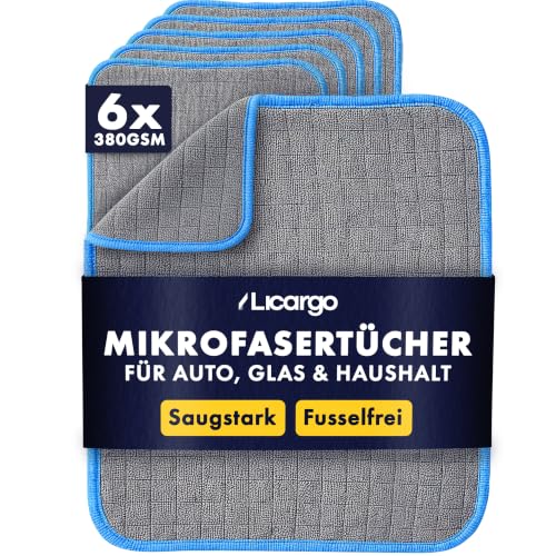 LICARGO Mikrofasertücher Auto 6er Set - fusselfrei und saugstark für Autopflege innen & außen - lackschonend mit 380 GSM - 40×40 cm zum Polieren Reinigen & Trocknen von Lack Glas und Innenraum