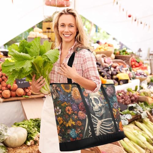 Skeleton Colorful Flowers Large Insulated Tote Bag for Grocery Shopping Reusable Tote Bags for Women Men, Cooler Bag with Zippered Top & Handles for Beach Picnic Travel2