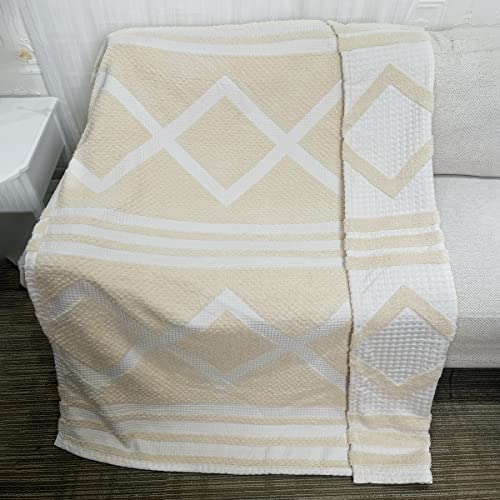 Amélie Home Tufted Woven Throw Blanket Bohemian Farmhouse Reversible Textured Geometric Rhombus Waffle Decorative Throw Blankets For Couch Sofa Bedroom Spring Summer Indoor Outdoor(50'' X 60'', Beige) #TOP5