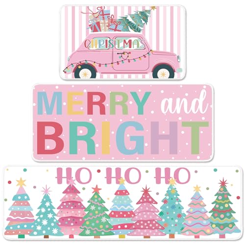 Layhit Conjunto de 3 peças de tapetes e tapetes de cozinha de Natal pastel, rosa, alegre e brilhante, árvores de Natal, caminhão, listrado, decoração rosa para festa de Natal 50 x 159 cm, 50 x 129 cm