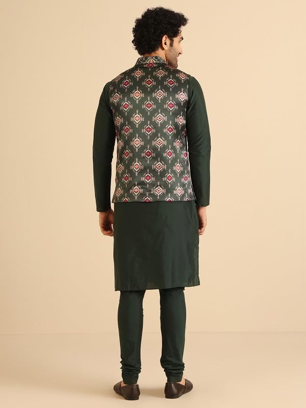 Image of KISAH Men's Kurta Jacket Churidar Set, Bottle Green Silk Blend, Embroidered Regular Fit Mandarin Collar Long Sleeves