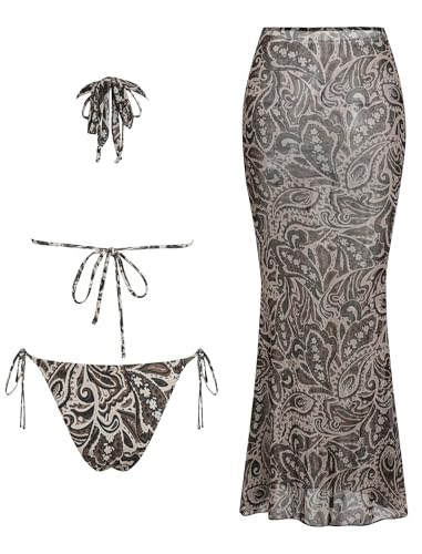 Image of ZAFUL Women's 3 Piece Floral Swimsuit Draped Neck Halter Bikini Tie Side Bathing Suit with Sheer Cover Up Skirt
