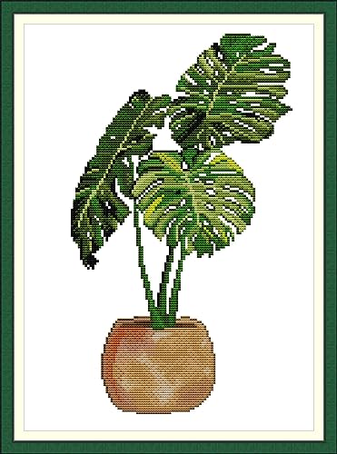 Image of CaptainCrafts Cross Stitch Kits, New Counted Kit Unprinted 14CT Fabric Cross Stitching DIY Art DMC Needlecrafts Embroidery Kit for Adults Beginner (White, Monstera deliciosa)