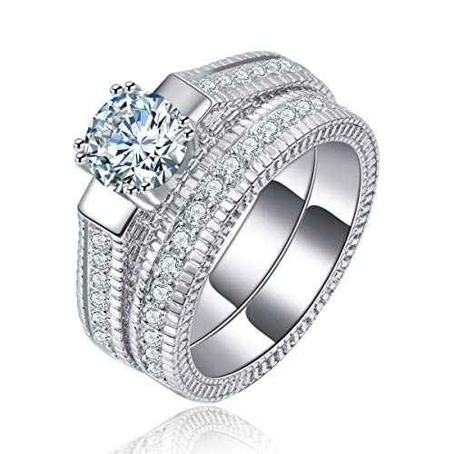 925 Sterling Silver Round Perfect Cut 2Ct Single Stone Rings 2PCS CZ Cubic Zirconia Promise Halo Engagement Wedding Band Eternity Ring (US Code 9)