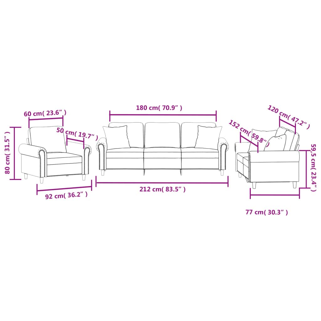 Conjunto de 3 piezas de terciopelo negro pequeño sofá con 1 + 2 + 3 plazas sofá para salón, oficina, balcón, 92/152/212 cm de ancho, diseño moderno estable para espacios pequeños