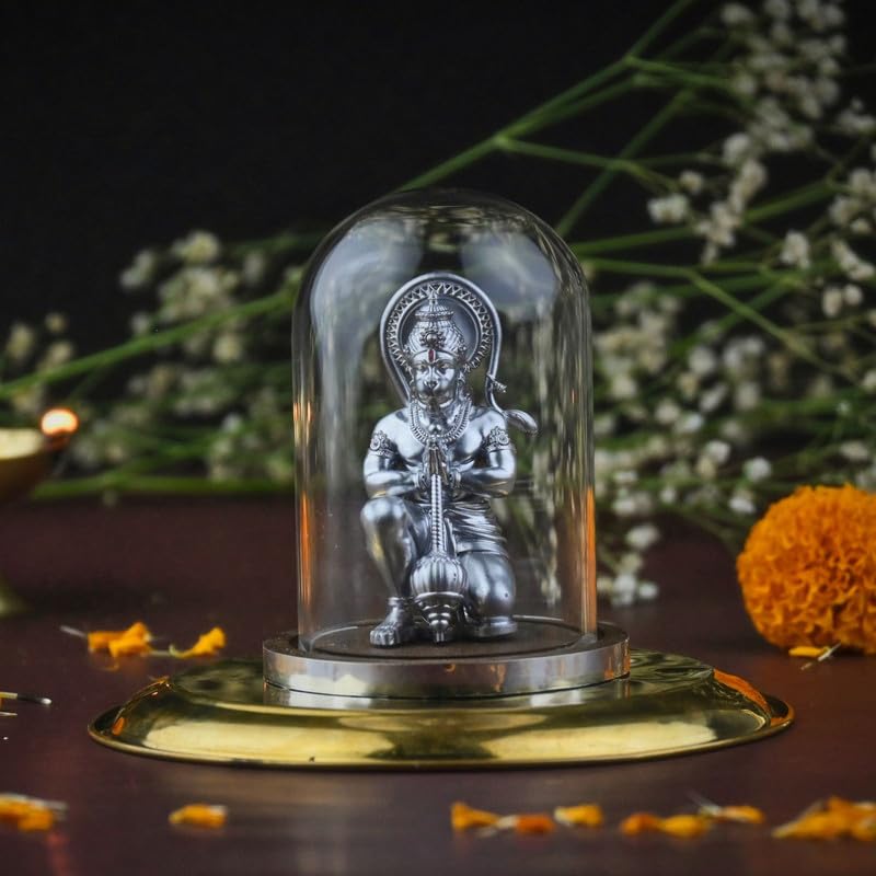 Image of Mahabali Hanuman Idol Silver Look Small Divine Murti for Mandir, Car Dashboard, Home & Office | Resin Lord Hanuman Statue for Pooja, Vastu & Festival Gifting