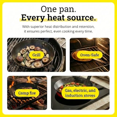 Image of Lodge Seasoned Carbon Steel Skillet - Lightweight High Heat Frying Pan with Long Handle - Quick Temperature Response - Ideal for Searing & Sauteing - 8 Inches