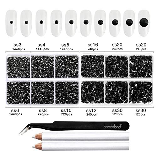 Image of Beadsland 8300PCS Flatback Rhinestones, Black Rhinestone Round Crystal Rhinestones for Crafts, Mixed 10 Sizes with Wax Pencil and Tweezer Kit, SS3-SS30, Jet Black | Crystal Rhinestone Round, for Crafts Nails,With Wax Pencil and Tweezers Kit, SS3-SS30, Jet Black