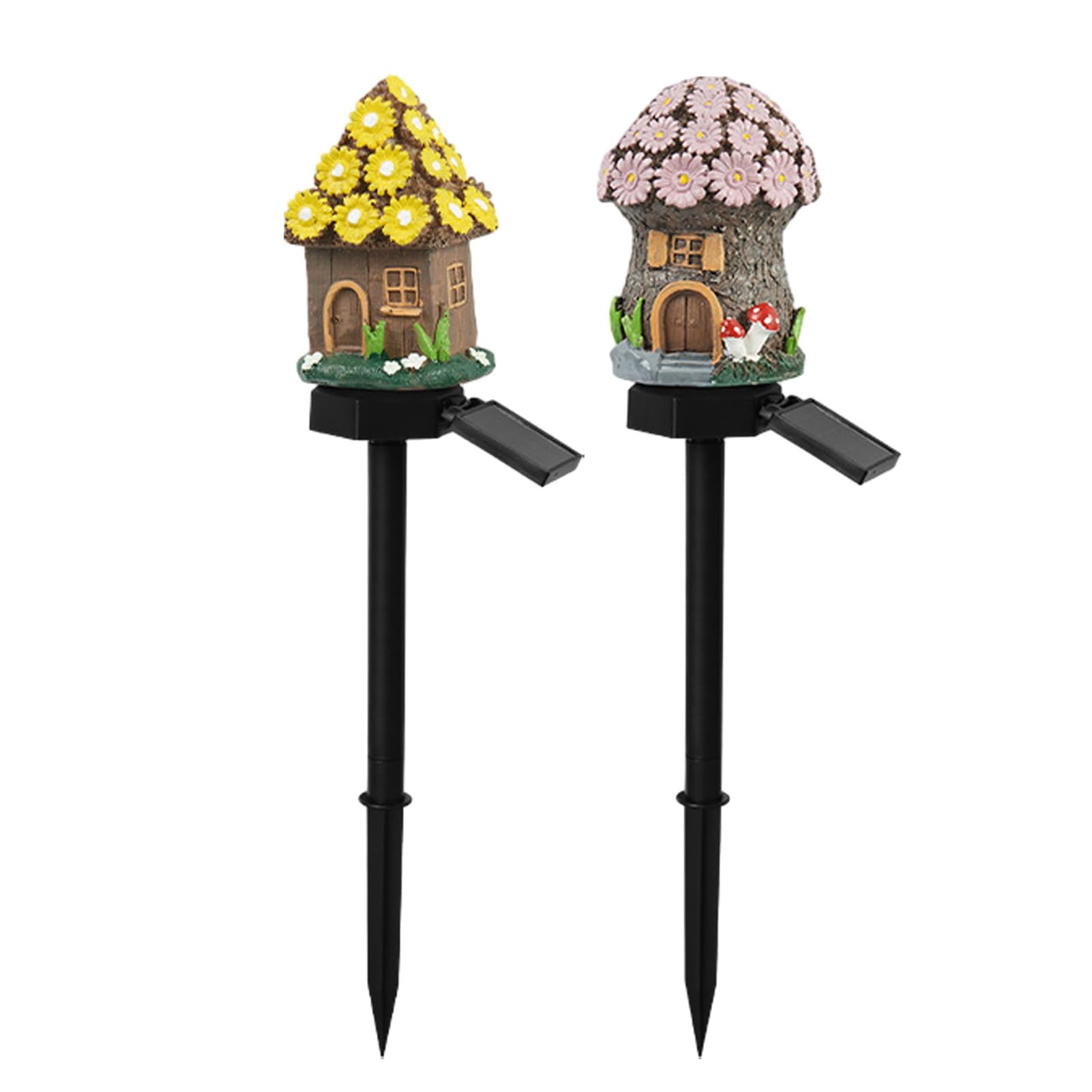 FrolicFit Solar Garden Ornaments Lights, Mushroom Solar Lights, Mushroom House Statue, Fairy Cottage Garden Stake, Waterproof Outdoor Landscape for Yard Patio Lawn Pathway Pink+Yellow