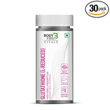 Body First Glutathione (L-Reduced) 500mg | 30 Capsules | Master Antioxidant and Supplement | Improves Immunity, Skin and Respiratory Health. Orally absorbed active form Glutathione for Hydration, Skin Brightening, & Powerful AntioxidantActivity