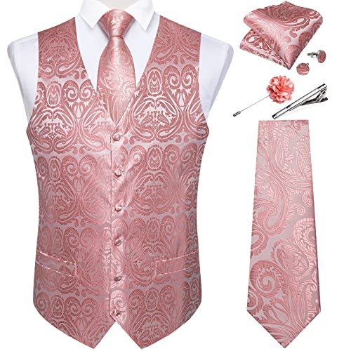 DiBanGu Mens Vest and Tie Set Formal Paisley Waistcoat and Necktie Pocket Square Cufflinks Silk Suit Vest for Tuxedo Wedding, Blush Pink, 3X-Large