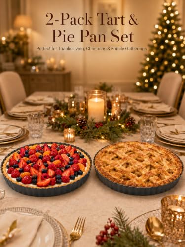 Image of 9 Inch Quiche Pans 2 Pack. Removable Bottom, Non-Stick Coating, Rugged Carbon Steel Baking Dish for Tart Quiche Pie. Metal Mold Gift for Women Wife Christmas Thanksgiving Party Festival Family