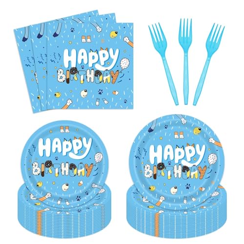 96Pcs Blue Dog Birthday Party Supplies Set for 24 Guests Happy Birthday Dessert Plates Lunch Plates Napkins Disposable Tableware Party Kit for Boys Kids