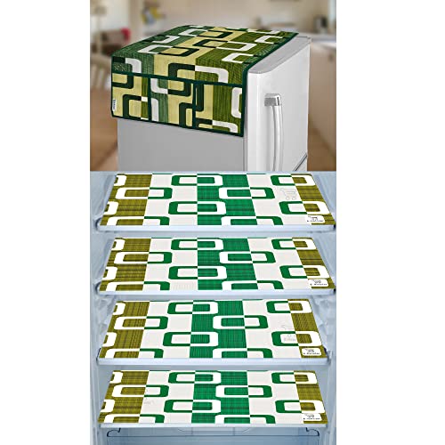 Image of Polyester 3-Layered Fridge Top Cover /Refrigerator Cover With Utility Pockets and Set of 4 Pc Fridge Mats (Color-Green, Size-39x21 Inches)