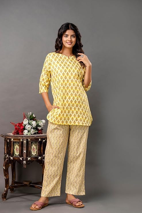 Image of Pure Cotton Printed Night Suit Set | Top Pyjama Set for Women | Night Dress of Kurta Pyjama Set for Women | Kurta Top Set