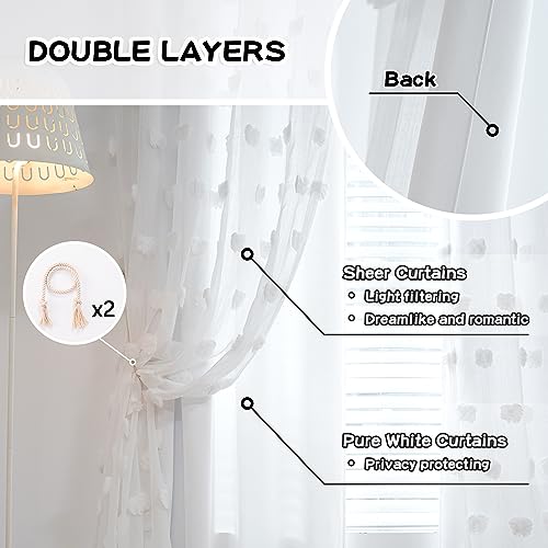 Image of MYSKY HOME Light Blocking White Curtains for Living Room White Sheer Pom Pom Kids Room Decor Drapes 102 Inches Long Double Layer Curtain for Sliding Door Grommet Window Panels Set of 2 52 inch x 102 inch