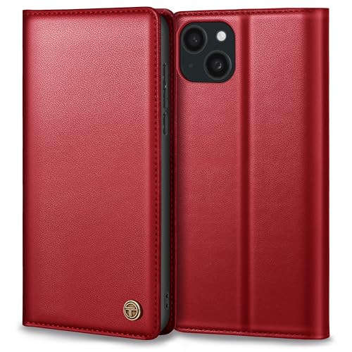 Handyhülle für iPhone 14 - Premium Lederhülle Schutzhülle mit Tasche, Standfunktion und Klappbar Flip Case in Rot