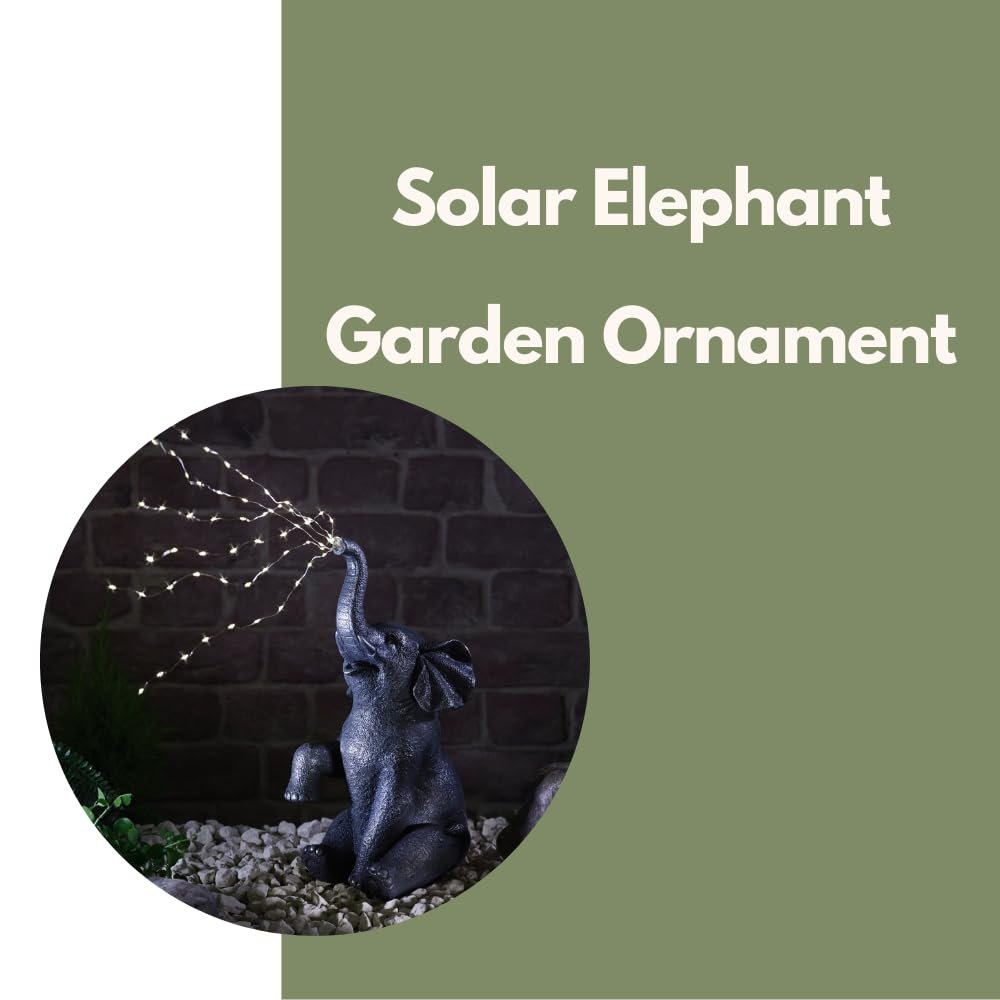 Garden Mile Estatua grande de elefante de jardín con cadena de luces solares – Al aire libre resistente a la intemperie, resina de riego de resina con luces LED solares para patio, balcón, regalo de