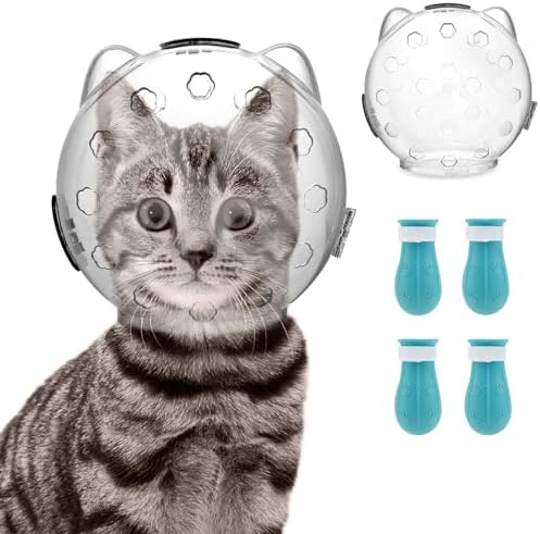 Cat Muzzle Clear Breathable for Grooming, Transparent Anti-Bite Muzzle for Bathing Nail Trimming, Astronaut Helmet with 4 Silicone Paw Protectors (Small)