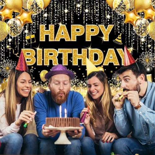 Image of DARSHANAM WORLD Birthday Decoration Backdrop Cloth Curtain (Pack of 1, Size: 5x8 Feet) Background Enhancer Poster,Happy Birthday Sign Theme-(Polyester) (Gold & Black)