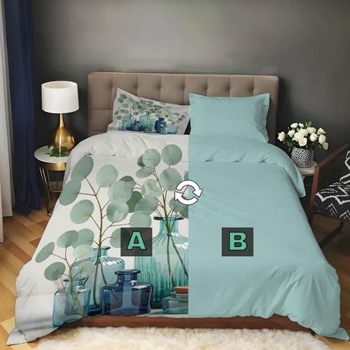 Housse de couette 220x240 cm réversible en microfibre avec branches d'eucalyptus