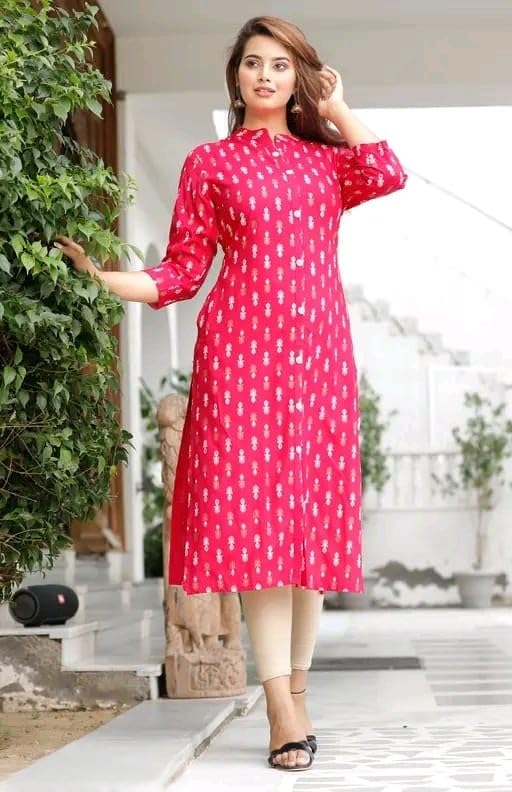 Image of Women's Printed Straight Kurti, 3 /4 Sleeves, Button-Down Front, Side Slits with Pockets