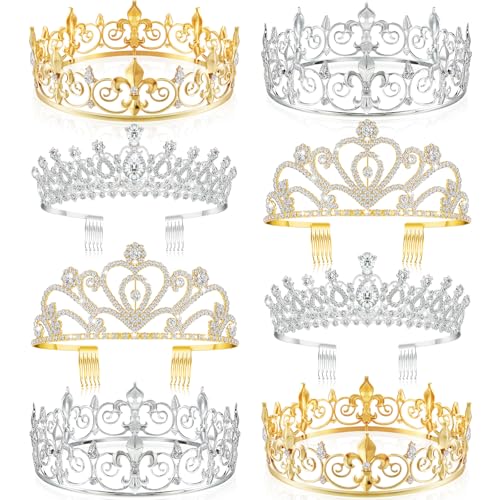Sasylvia 8 Pcs Proms King and Queen Crown Set for Men Women Metal Rhinestone Crowns and Tiaras Crystal Headband for Weddings Bridal Cosplay Party Accessories, Silver Gold