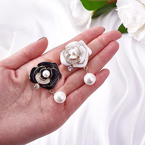 Image of Ornaland Pearl Camellia Flower Brooch Pin Rhinestone Crystal Brooch Flower Lapel Pin for Birthday Party Anniversary T-shirt Dress Clothing Accessories Jewelry Gift, White