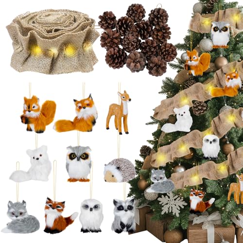 Tudomro 25 Pcs Woodland Christmas Ornaments Set 10 Plush Forest Animal Christmas Ornament 14 Pine Cones Decoration 12 ft Lighted Burlap Ribbon Garland for Xmas Tree Country Rustic Farmhouse Decor