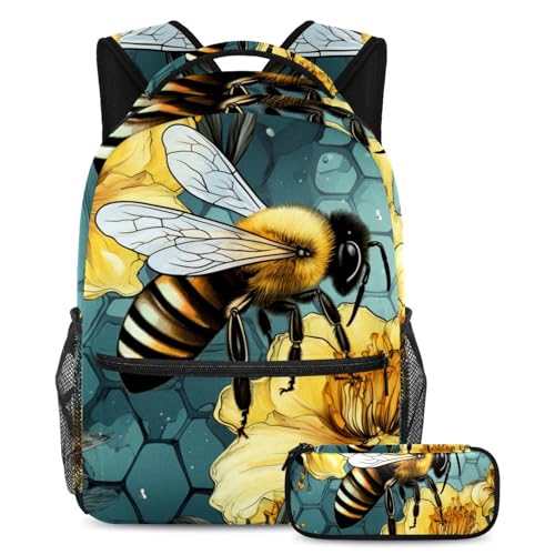 Sac à dos tournesol rétro et abeille dorée avec trousse, grand cartable scolaire pour élèves
