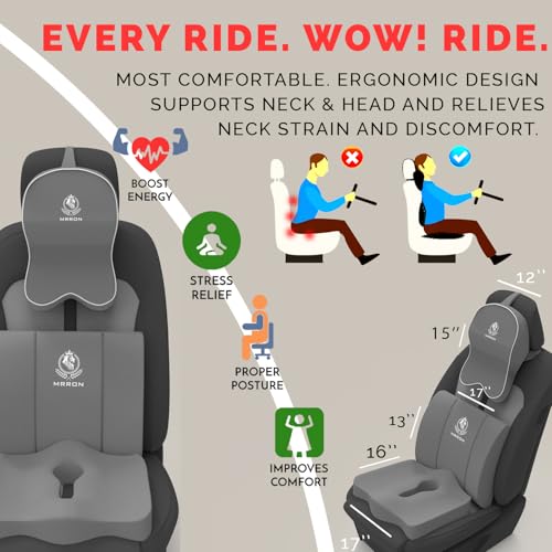 Image of MRRON Memory Foam Car Seat Cushion Combo - Backrest, Coccyx Cushion & Neckrest - Orthopedic Support for Back, Tailbone, Sciatica & Neck Pain - Ergonomic Comfort for Car, Office. (Grey, Lumbar)