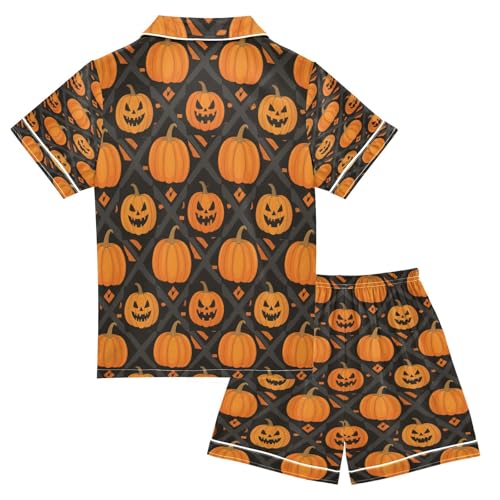 Satin Pajama Sets Short Sleeve Halloween Pumpkins on Black Button Down Silky Nightwear 2 Piece PJS 5-14Y2